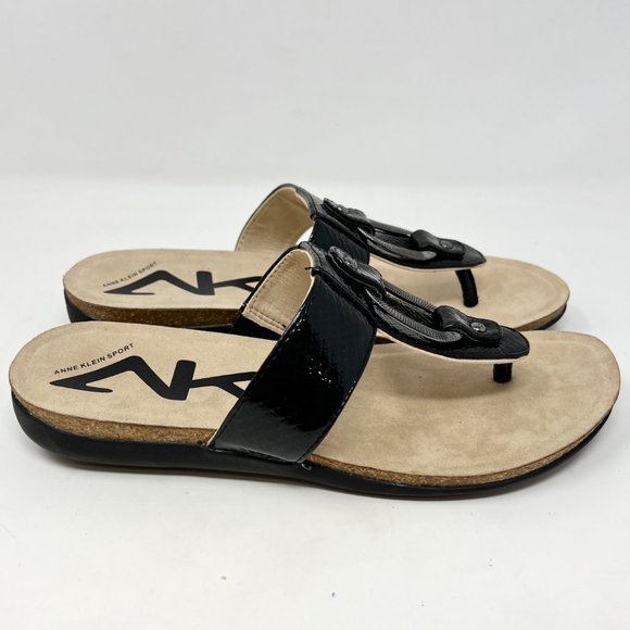 Ann Klein Quela‎ Faux Leather Black Sandal Flip Flop Thong Size 9M - Picture 2 of 11